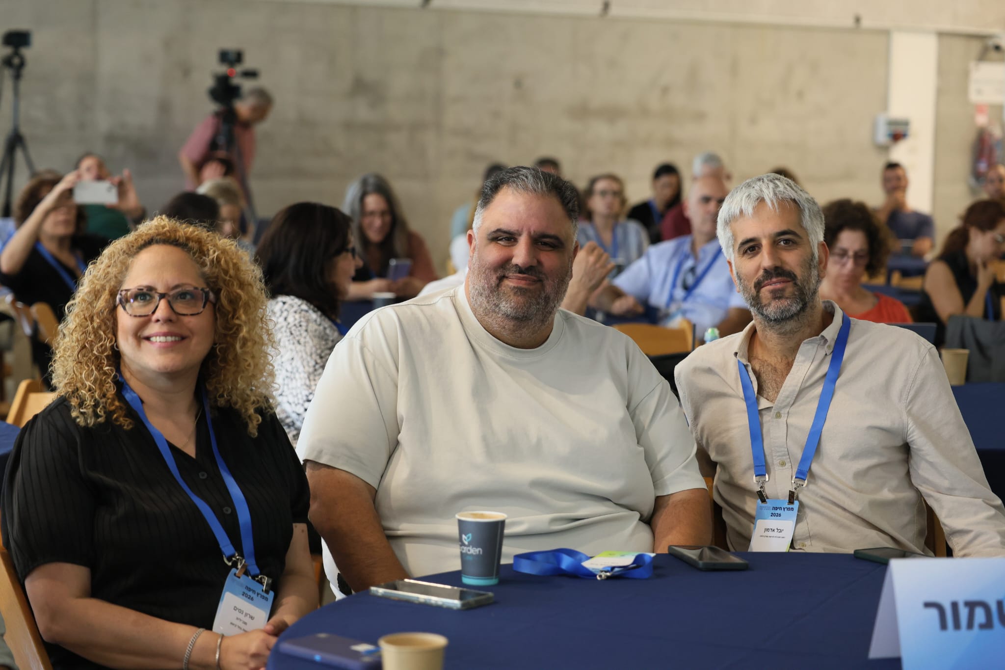 Maayan Zion (Kishon River Authority), Eyal Ostrinsky (KKL-JNF) and Yuval Admon (Haifa Bay Development Directorate) at the Hafia Bay Development Conference, June 10, 2026. Courtesy: Maayan Zion, Kishon River Authority