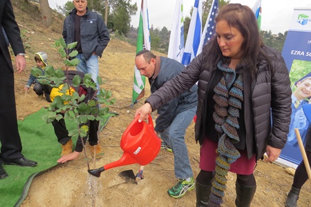 Ruth and Ari Schwartz plant and water a carob tree in their son Ezra's memory. Photo: Yoav Devir