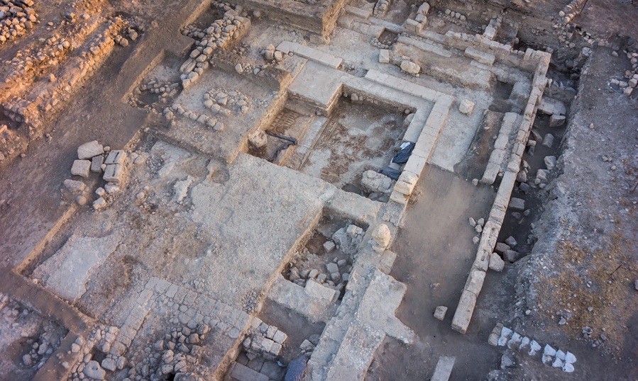 Aerial view of the medieval synagogue. The excavated area at its center exposes the mosaic floor of the nave of the earlier fifth-century synagogue. Aerial image: Griffin Higher Photography
