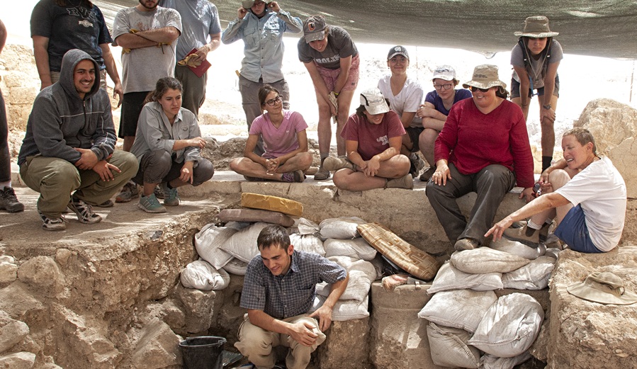 Prof. Jodi Magness (on the right) with members of the excavation team. Photo: Jim Haberman, Huqoq Excavation Project.