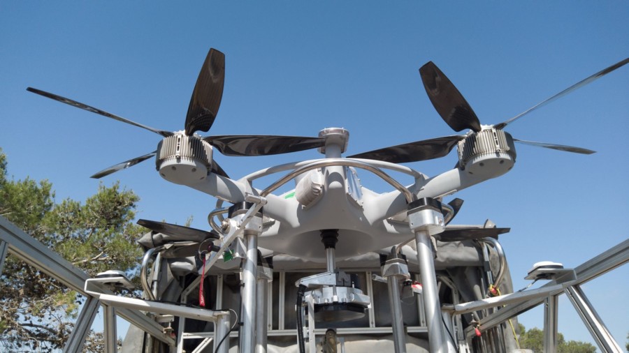 The ‘Tinshemet’, a tethered camera drone powered by 4 motors and capable of hovering up to 100 meters above ground. Photo: Yoni Sheffer, KKL-JNF